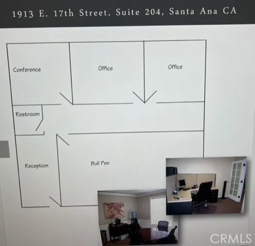 Floor plan showing the layout of Unit 204. The room showing "conference" is currently an office. The "Bull Pen" is currently a large open area with cubicles, file cabinets and copy machine.