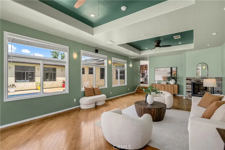 Family room has fireplace