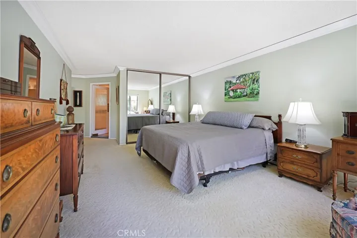 Primary bedroom featuring large windows, soft carpeting, and comfortable space for guests or family.