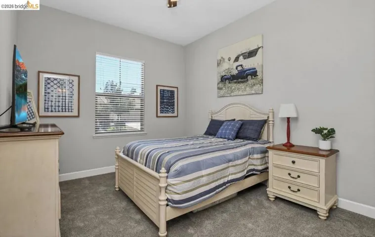 Carpeted room featuring a window with blinds, light gray walls, white baseboards, and a ceiling-mounted light fixture
