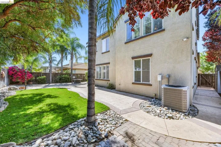 Manicured backyard featuring a lush lawn, paver stone pathways, and mature palm trees