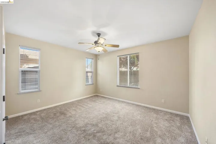 Carpeted room with a ceiling fan, three windows, and neutral wall tones