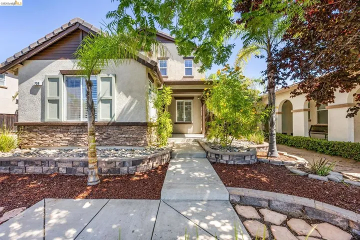 Stucco exterior with stone veneer accents and a concrete pathway leading to the entry