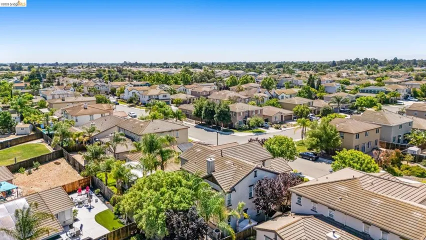 Aerial perspective showcasing a residential neighborhood with varied architectural styles and abundant mature trees