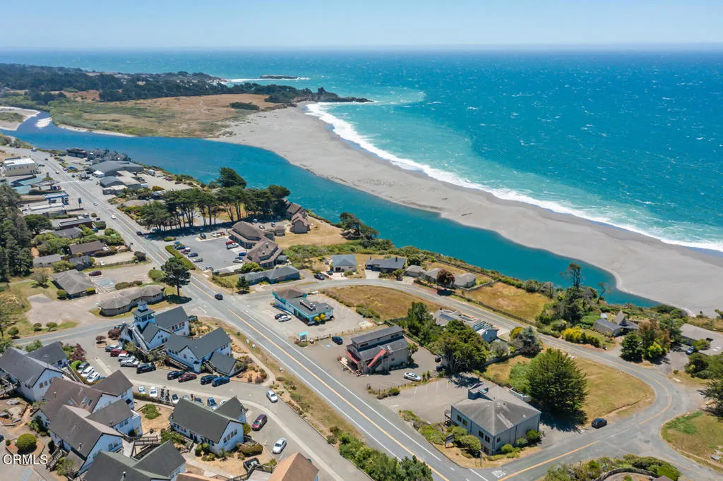 Drone downtown Gualala river & ocean