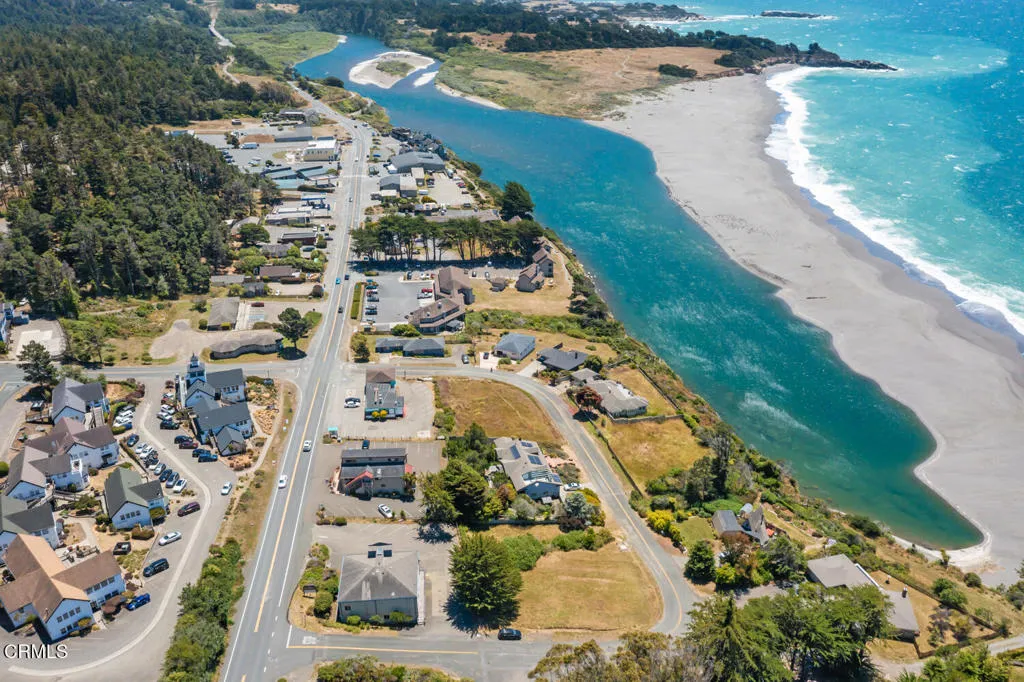 Drone view of downtown Gualala, river an
