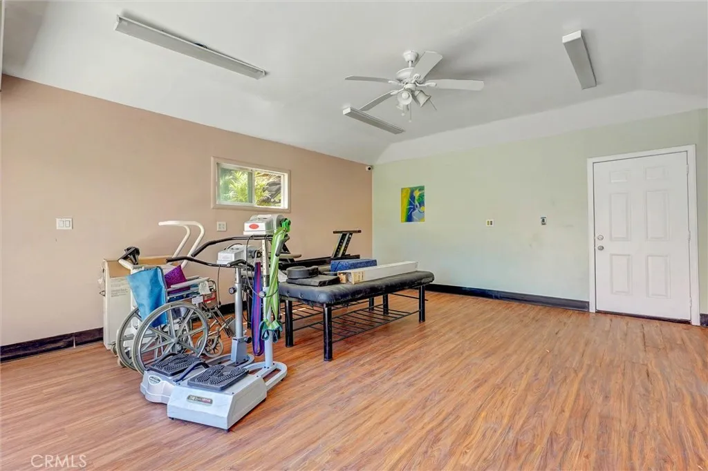 Garage with laminate flooring
