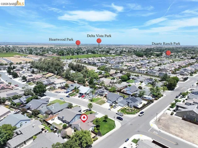 Aerial perspective highlighting a residential neighborhood