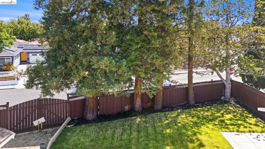 Fenced backyard with mature trees, a manicured lawn, and a concrete patio section