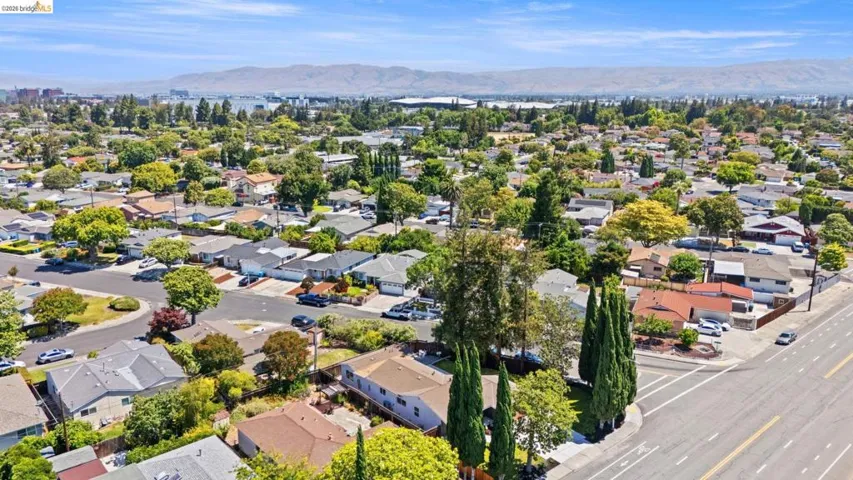 Aerial perspective showcasing a residential area with mature trees and a distant mountain range
