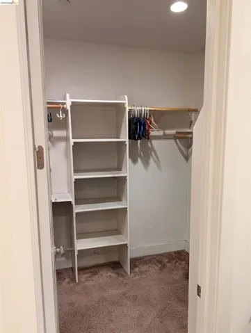 Recessed lighting illuminates a closet featuring built-in shelving and dual clothing rods, complemented by brown carpeting and white trim
