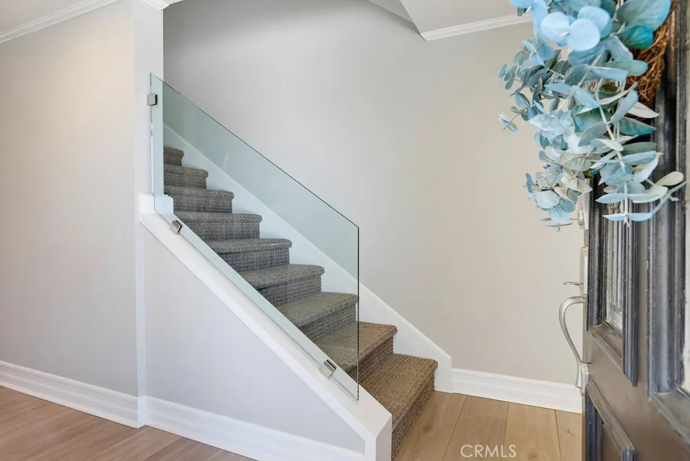 Lush carpeted stairs and glass sided rail