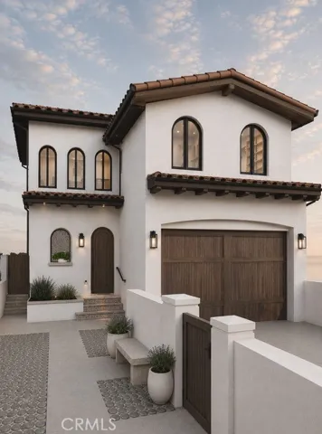 Architectural Rendering: Front elevation designed by Clear Architecture, featuring a PCH-facing entry, garage, warm coastal materials, and modern Mediterranean architectural details.
