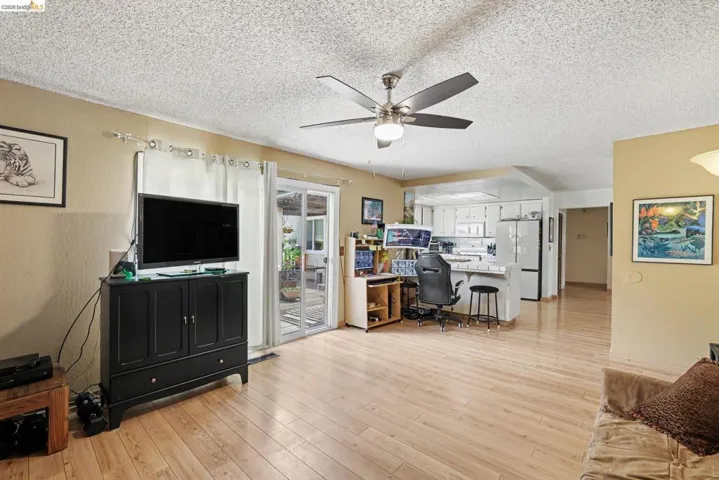 Open concept living space featuring light wood-finish flooring, a ceiling fan with integrated lighting, and direct access to an outdoor patio via sliding glass doors