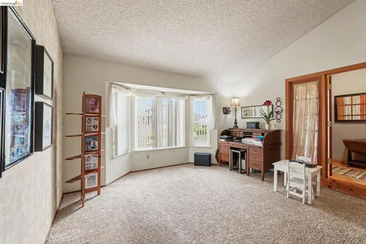 Carpeted interior space featuring a prominent bay window with vertical blinds, light-colored walls, and a textured ceiling