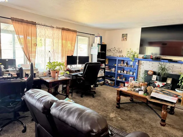 Living area featuring a stone-faced fireplace, built-in shelving, multiple windows, and textured carpeting