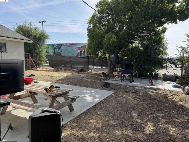 Expansive outdoor space featuring concrete patio areas and a large mature tree providing natural shade