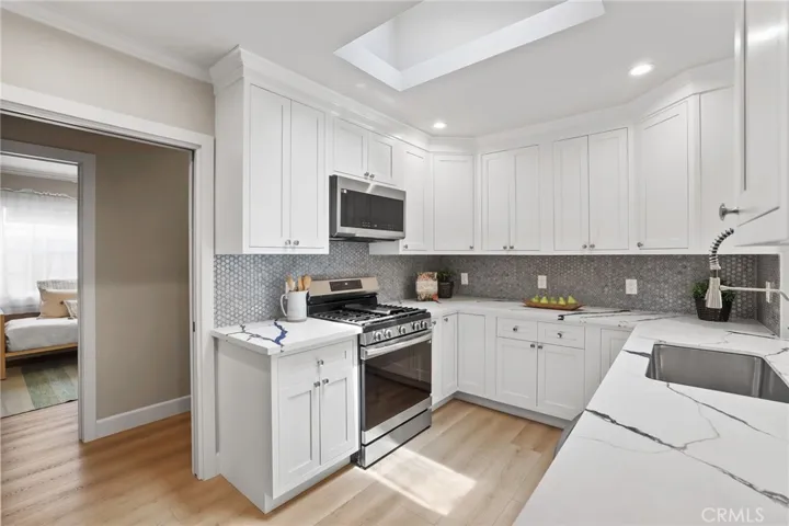 The skylight gives this kitchen lots of natural light.