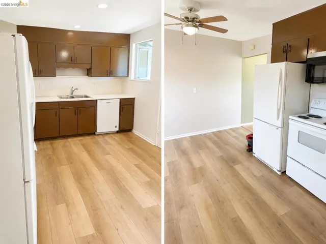 Kitchen space featuring wood-finish flooring, white appliances, and brown cabinetry