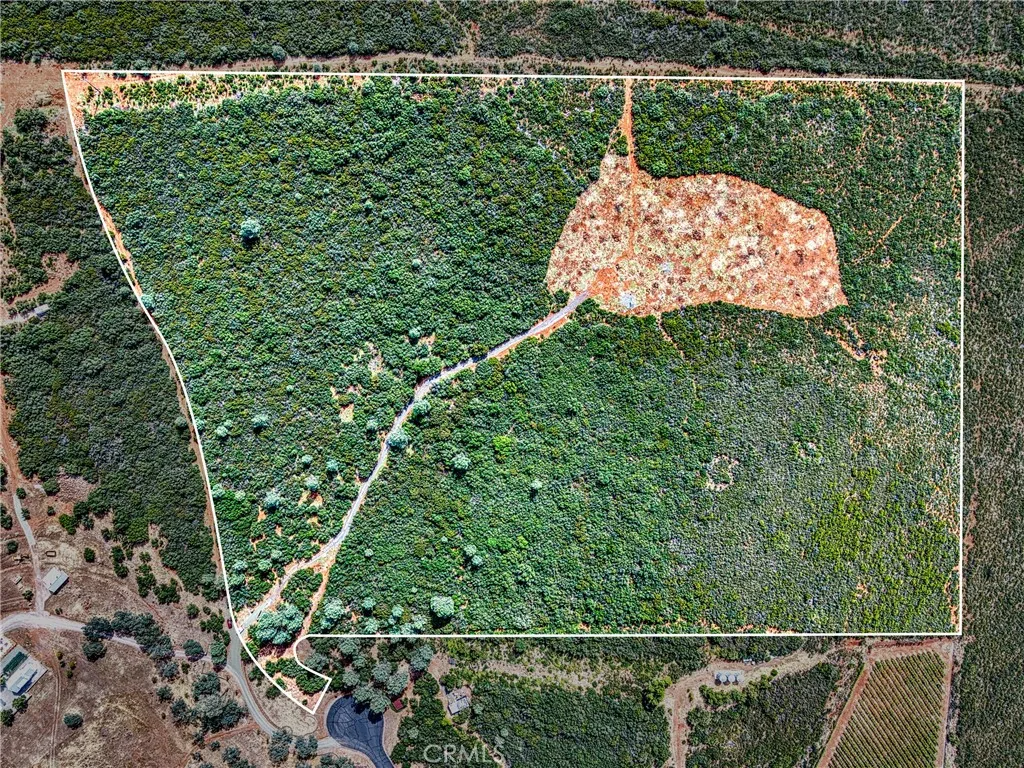 Areal view of the property showing the road onto the property and the top with some clearing done...
