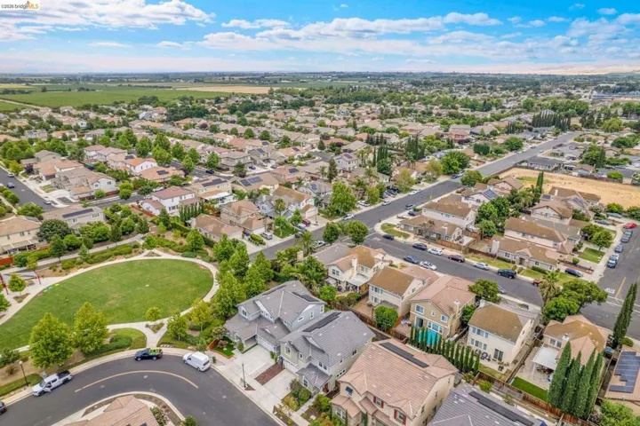 Aerial perspective showcasing a residential neighborhood with varied architectural styles