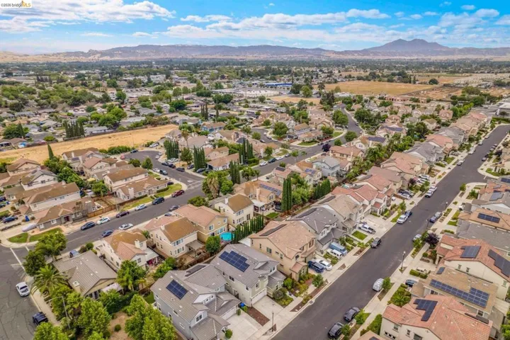 Aerial perspective showcasing a residential community with varied architectural styles