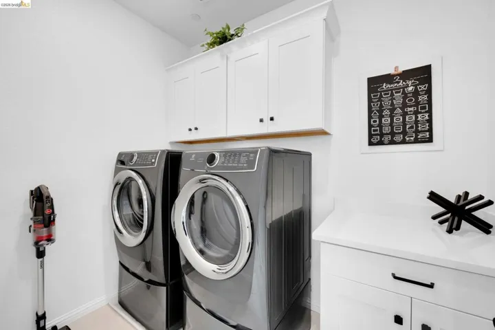 Dedicated laundry area featuring white shaker-style cabinetry, a white countertop, and contemporary black hardware