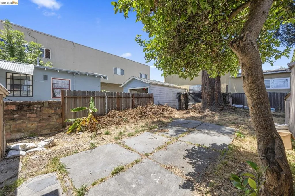 Expansive outdoor space featuring a mature tree, concrete stepping stones, a wood fence, and an existing shed structure