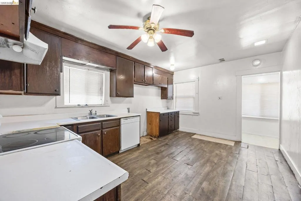 Kitchen featuring wood-finish flooring, dark wood cabinetry, a double basin sink, and a ceiling fan with light fixture