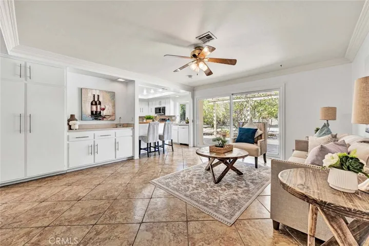 Family room with sliding doors leading to the backyard