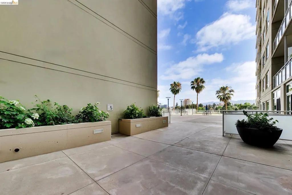 Expansive outdoor patio featuring concrete paving, integrated planters with mature greenery, and a contemporary glass and metal railing system
