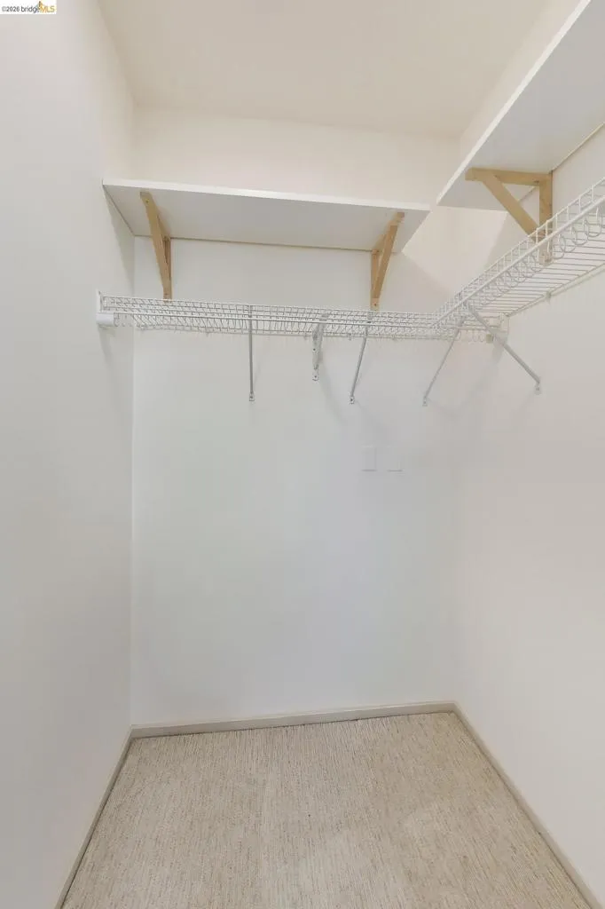 Spacious closet featuring light-toned walls, neutral carpet, upper wood shelving, and lower wire shelving with hanging rods