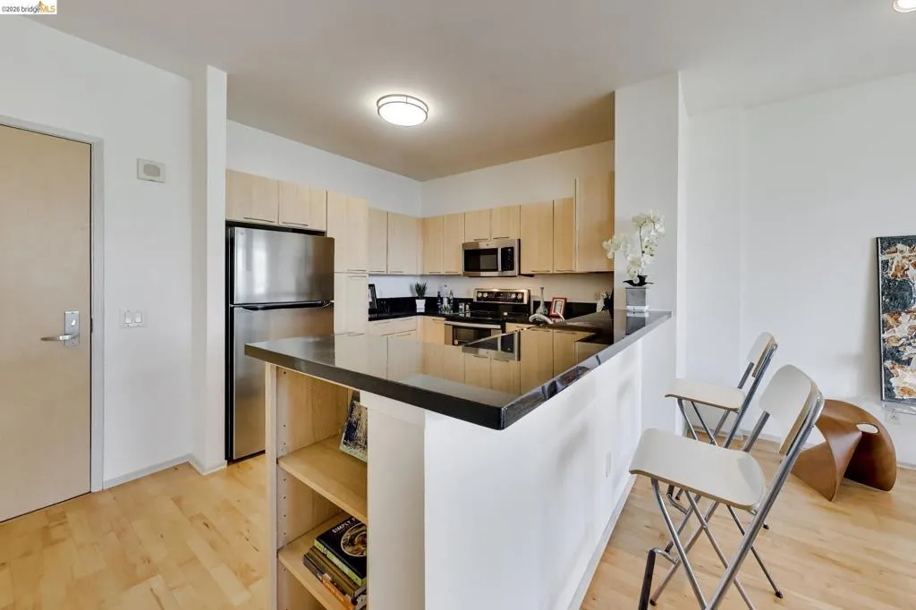 Kitchen featuring wood-finish flooring, stainless steel appliances, light wood-finish cabinetry, and dark countertops