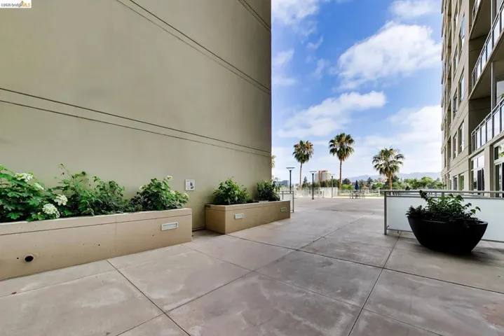 Expansive outdoor patio featuring concrete paving, integrated planters with mature greenery, and a contemporary glass and metal railing system