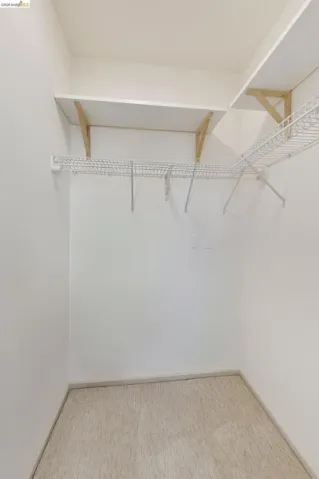 Spacious closet featuring light-toned walls, neutral carpet, upper wood shelving, and lower wire shelving with hanging rods