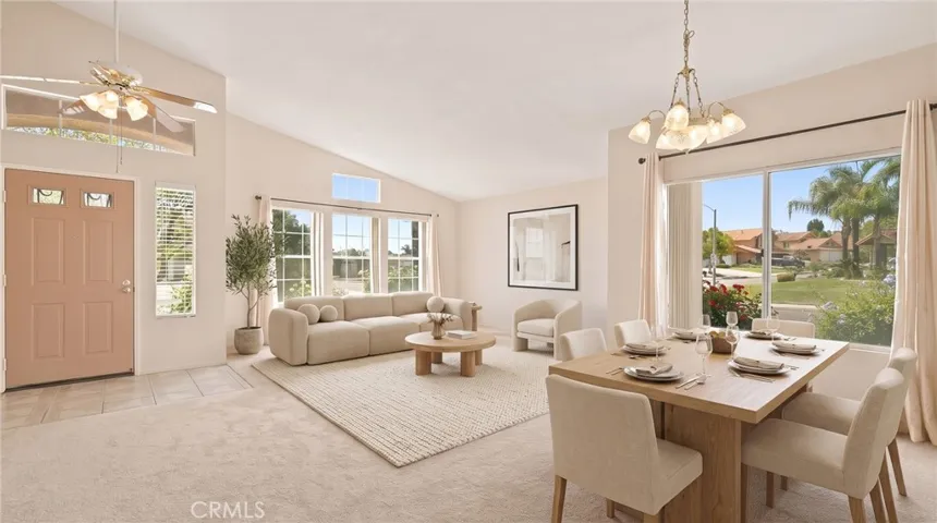 Digitally staged photo of Living room and Dining room
