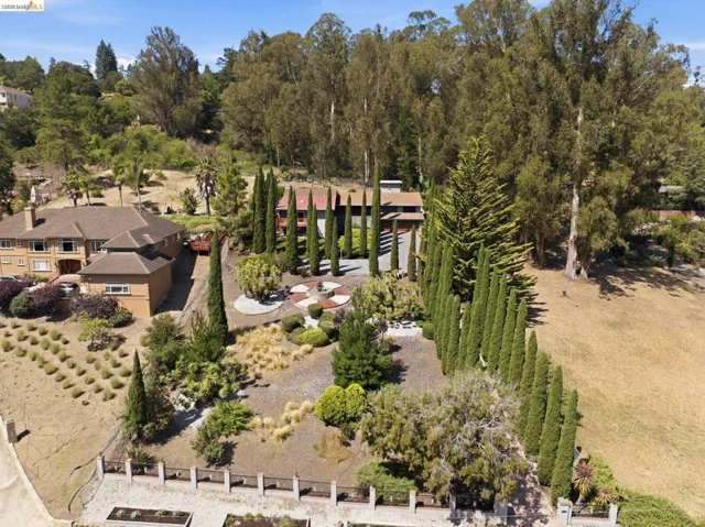 Terraced property featuring diverse landscaping and mature trees