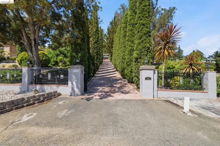 Gated entry with stone pillars, wrought iron fencing, and a paved driveway bordered by mature evergreen trees