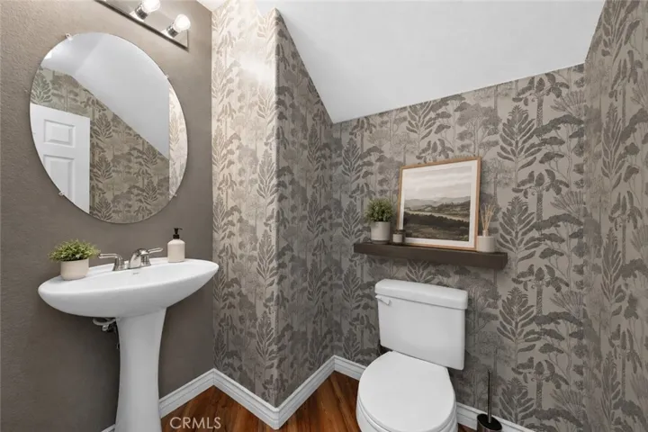 Stylish Powder Room With Designer Wallpaper And Pedestal Sink - Digitally Staged