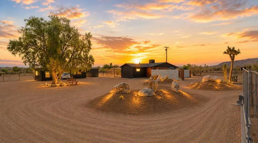 front corner view at sunset