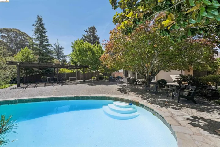 Outdoor pool with integrated steps and a natural stone coping