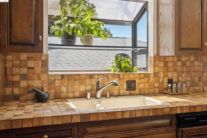 Kitchen window featuring an integrated dual-basin sink with a chrome faucet