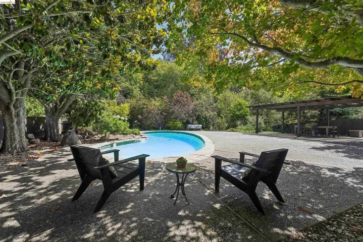 Curved swimming pool with stone coping, surrounded by an exposed aggregate patio