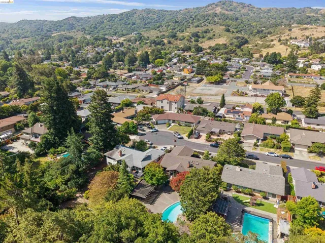 Residential neighborhood with diverse home styles, lush mature trees, and mountainous terrain