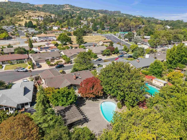 Freeform swimming pool with a surrounding paved patio, bordered by mature trees and lush landscaping