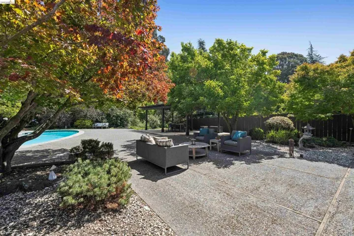 Expansive concrete patio area with a distinct pool surround and mature trees providing natural canopy