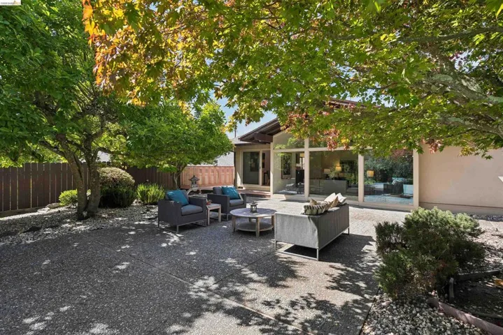 Expansive concrete patio area with mature trees providing dappled shade