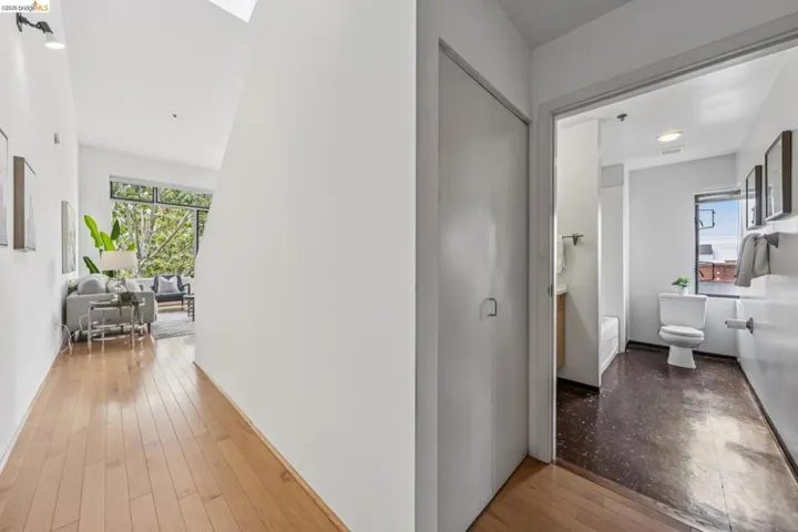 Hallway with light wood-finish flooring and a skylight leading to a living area with large windows