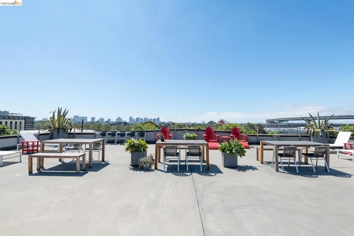 Expansive rooftop terrace featuring multiple dining areas, concrete flooring, and planted greenery