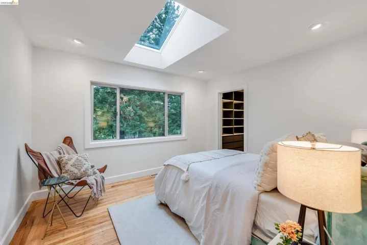 Room featuring an expansive window, skylight, recessed lighting, wood-finish flooring, and a built-in closet system